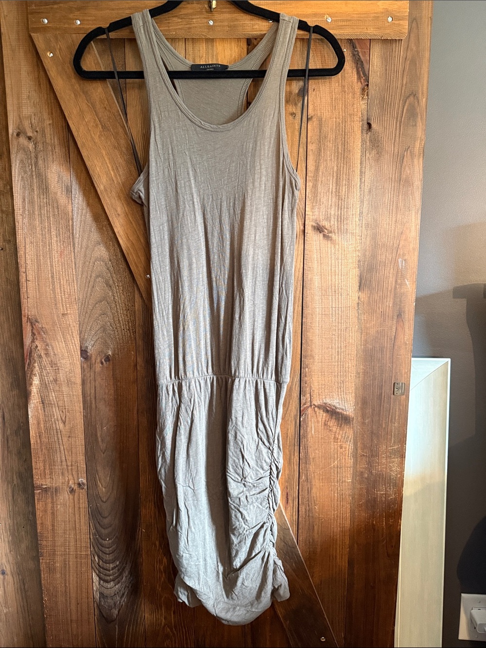 All Saints Taupe Sleeveless Gathered Waist Midi Dress